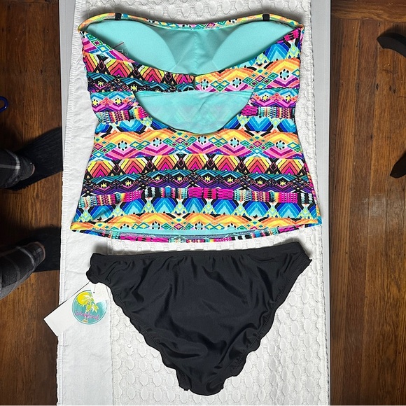 Convertible Bandeau Swimsuit Colorful Print Tankini Cheeky Ruffle Bikini Bottom - Picture 9 of 16